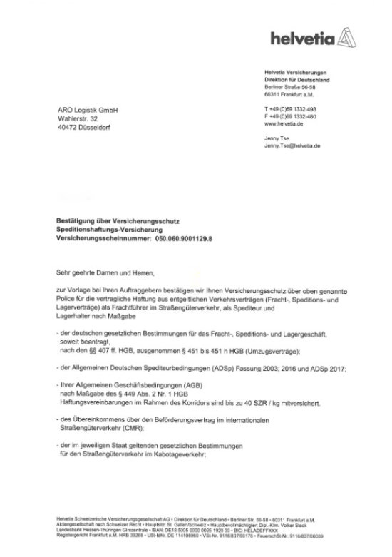 Versicherungsbestätigung der ARO Logistik GmbH