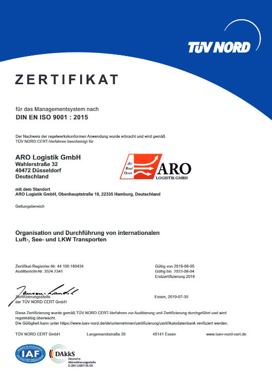 Certificate "DIN EN ISO 9001" ARO Logistik GmbH
