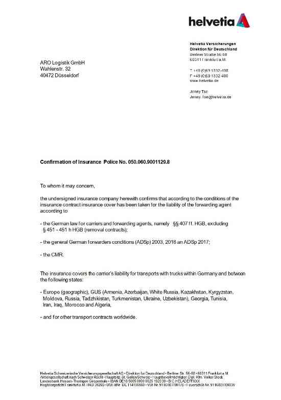 Confirmation of insurance ARO Logistik GmbH